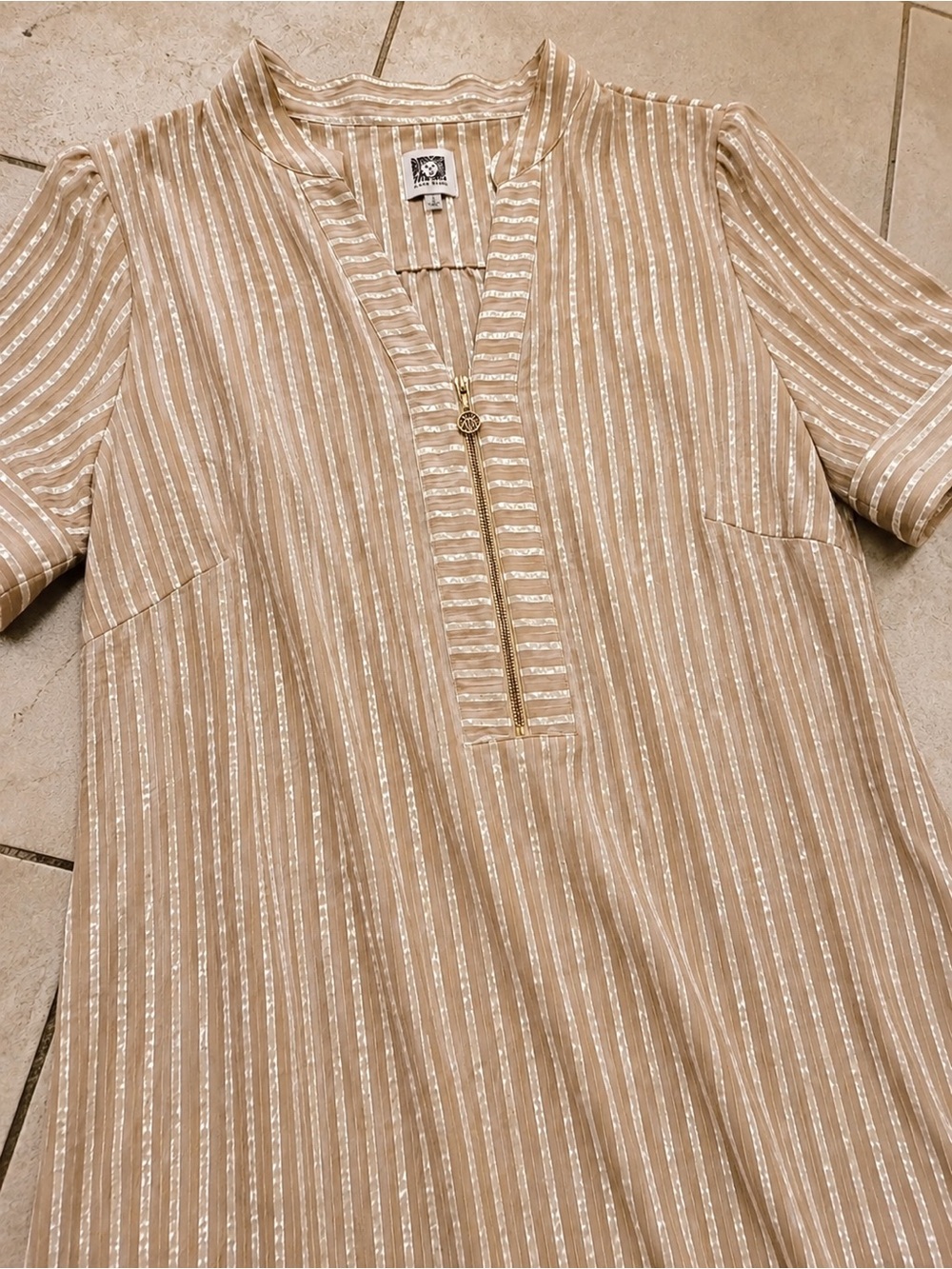NEW Anne Klein Gold Tan White Striped Shift Mini Dress |Sz 14 | Luxe & Zip Front - Picture 3 of 11
